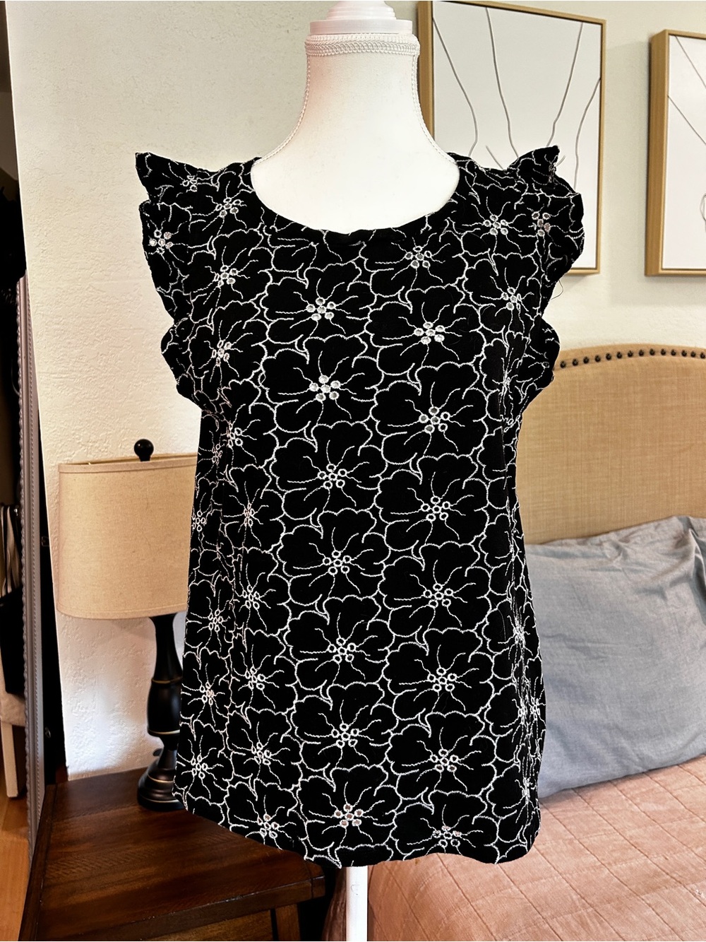 LOFT Black Floral Embroidered Ruffle Sleeve Top